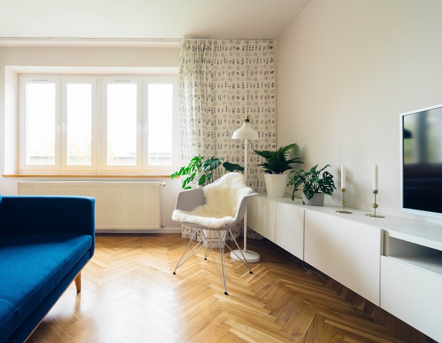 Sunlit London home interior with a large window
